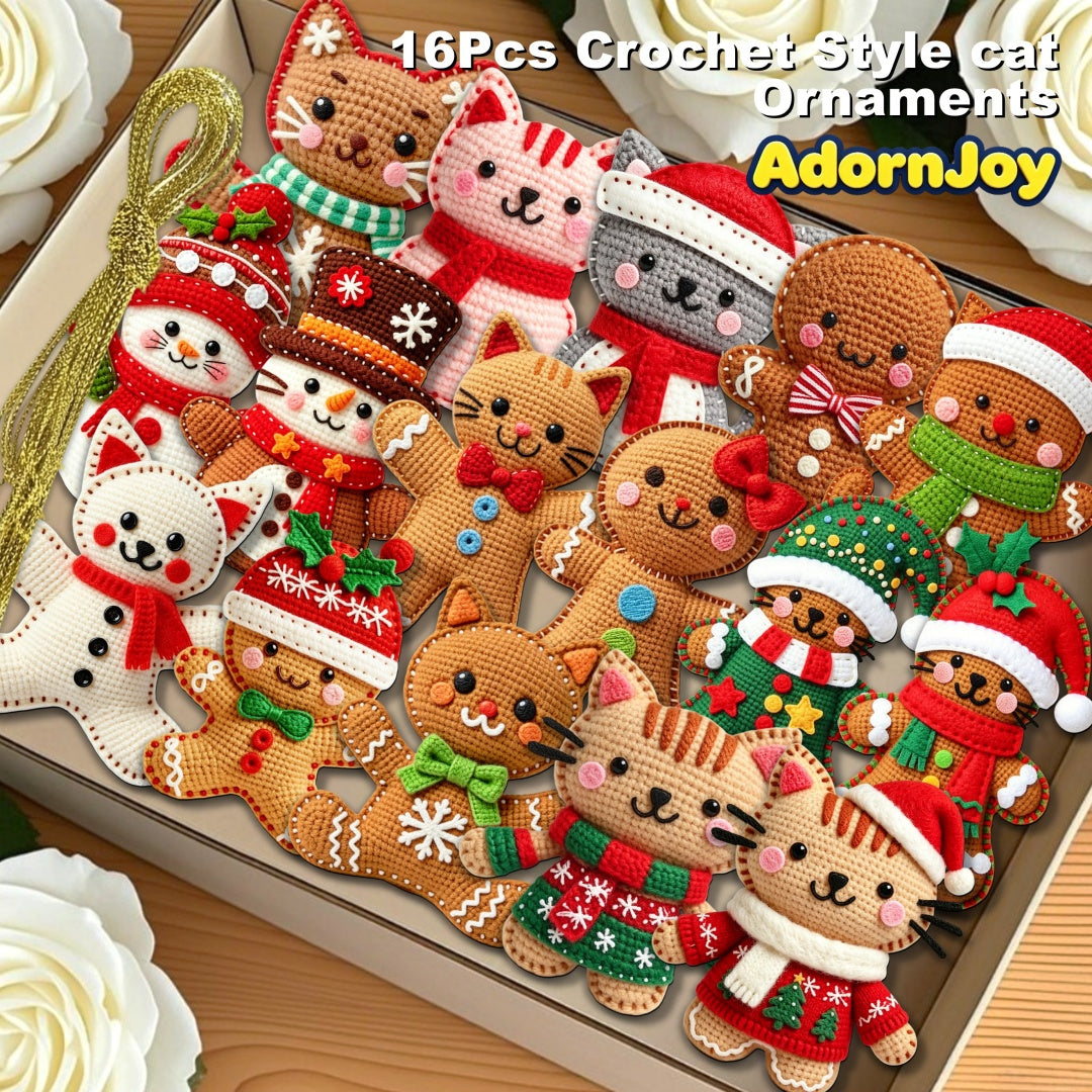 AdornJoy Colorful Gingerbread Cat – 3mm Wooden Christmas Ornament, 2D Flat Cat Tree Decoration, 16 Piece Sets