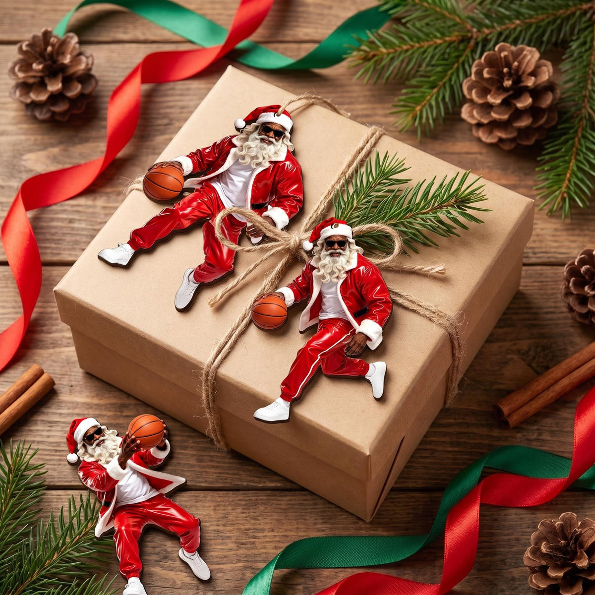 AdornJoy - Basketball Santa – African American 3mm Wooden Christmas Ornament, 2D Flat Basketball-Themed Tree Decoration for Basketball Fans, 16 Piece Sets