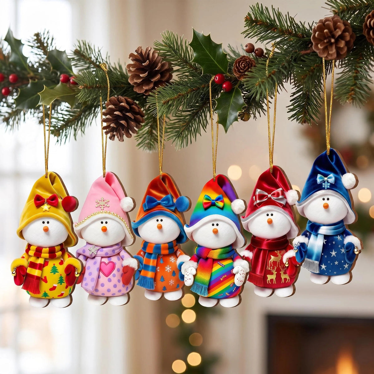 AdornJoy - Vibrant Snowman – 3mm Thick Colorful Wooden Christmas Ornament, 2D Flat Snowman Tree Decoration, Available in 15 Piece Sets