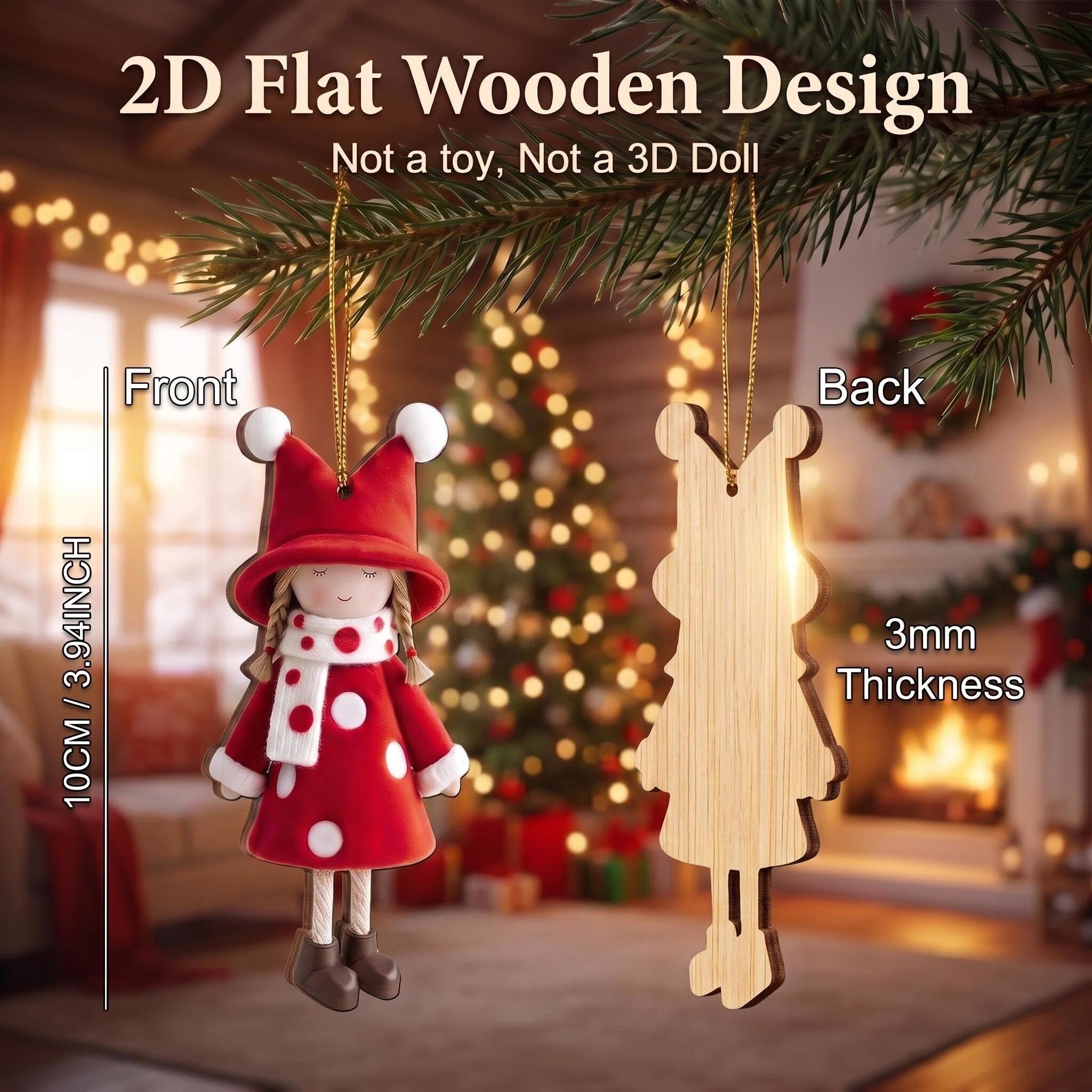 AdornJoy Classic Girl – Red & White 3mm Wooden Christmas Ornament, 2D Flat Girl Tree Decoration, 16 Piece Sets