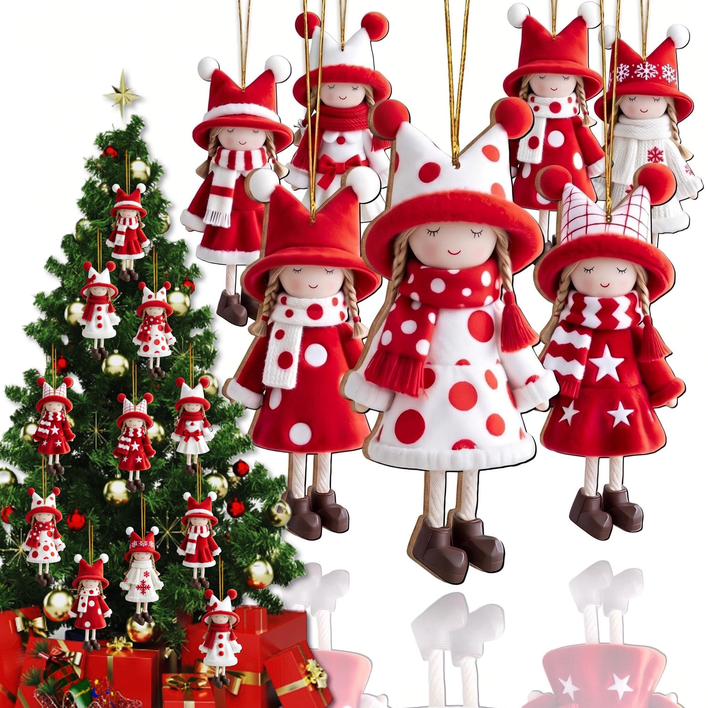 AdornJoy Classic Girl – Red & White 3mm Wooden Christmas Ornament, 2D Flat Girl Tree Decoration, 16 Piece Sets