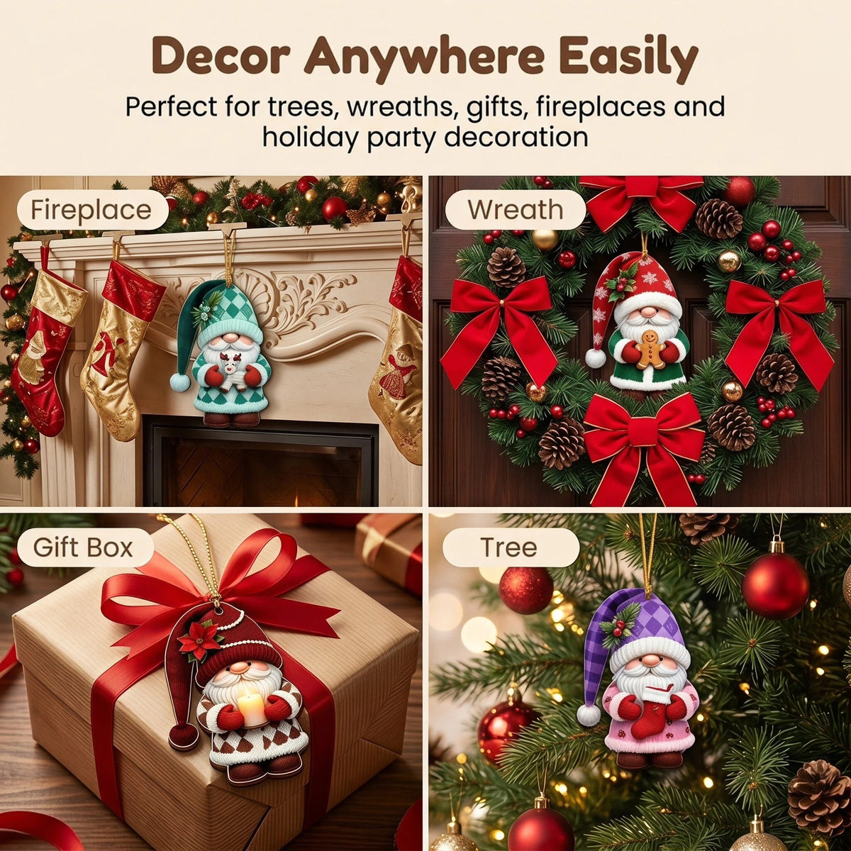 AdornJoy - Rustic Santa Gnome – Colorful 3mm Wooden Christmas Ornament, 2D Flat Santa Gnome Tree Decoration, 16 Piece Sets