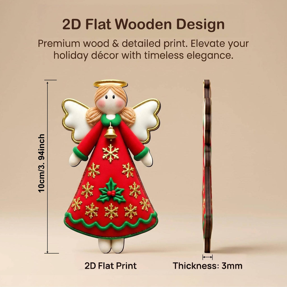 AdornJoy - Elegant Angel – Colorful 3mm Wooden Christmas Ornament, 2D Flat Angel Tree Decoration, 16 Piece Sets
