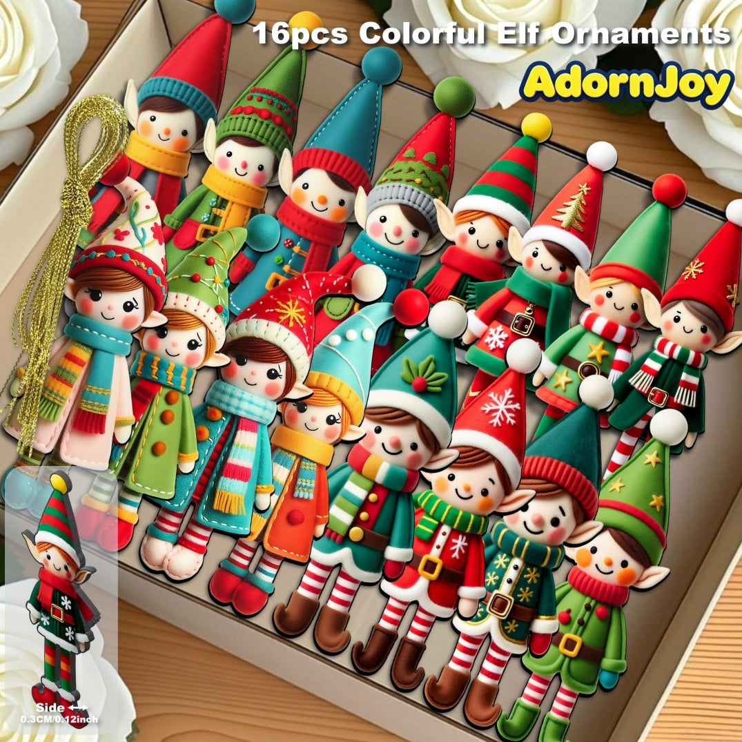 AdornJoy Vibrant Elf – Colorful 3mm Wooden Christmas Ornament, 2D Flat Elf Tree Decoration, 16 Piece Sets