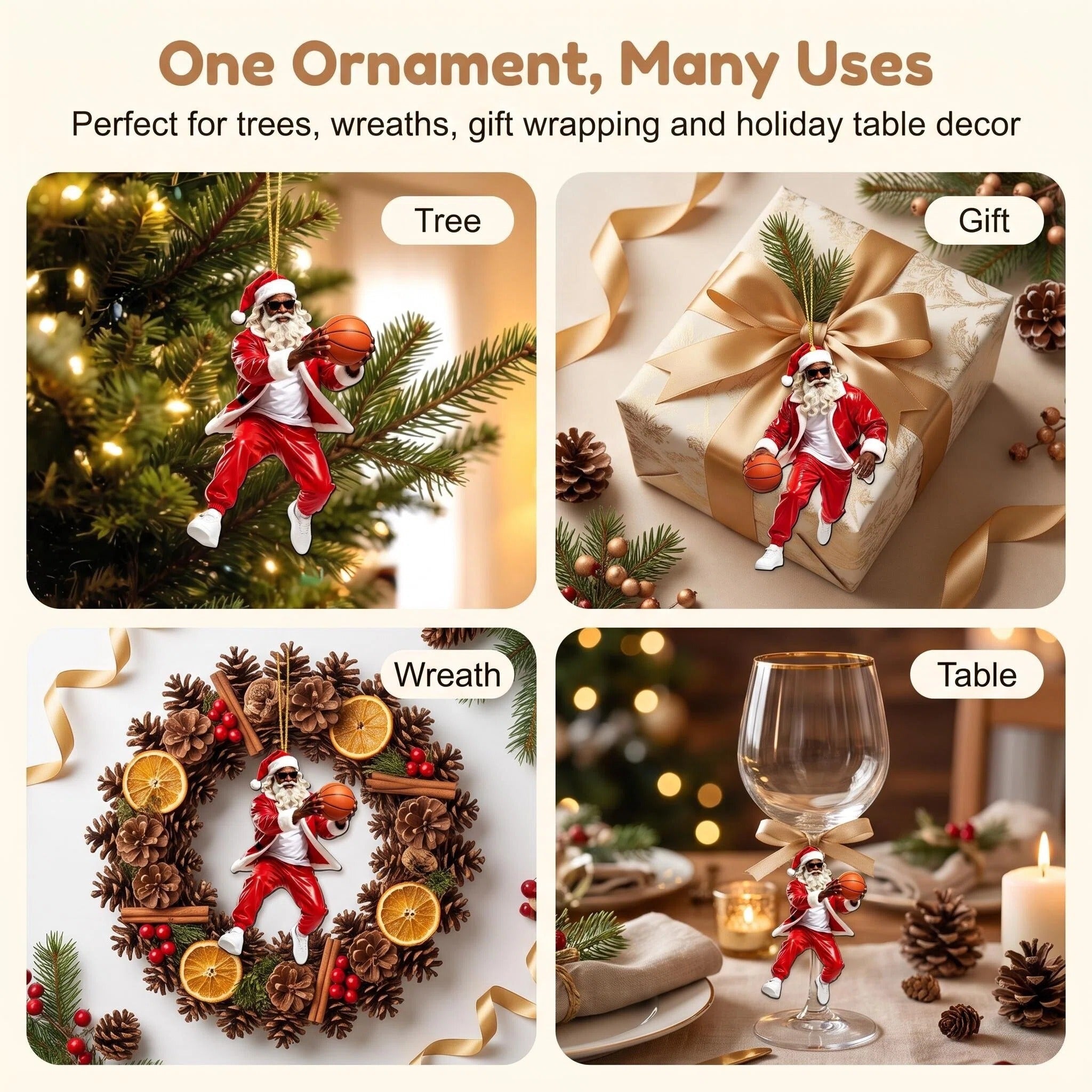 AdornJoy - Basketball Santa – African American 3mm Wooden Christmas Ornament, 2D Flat Basketball-Themed Tree Decoration for Basketball Fans, 16 Piece Sets