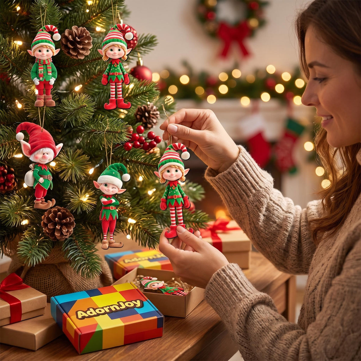 AdornJoy - Vibrant Elf – Colorful 3mm Wooden Christmas Ornament, 2D Flat Elf Tree Decoration, 15 Piece Sets