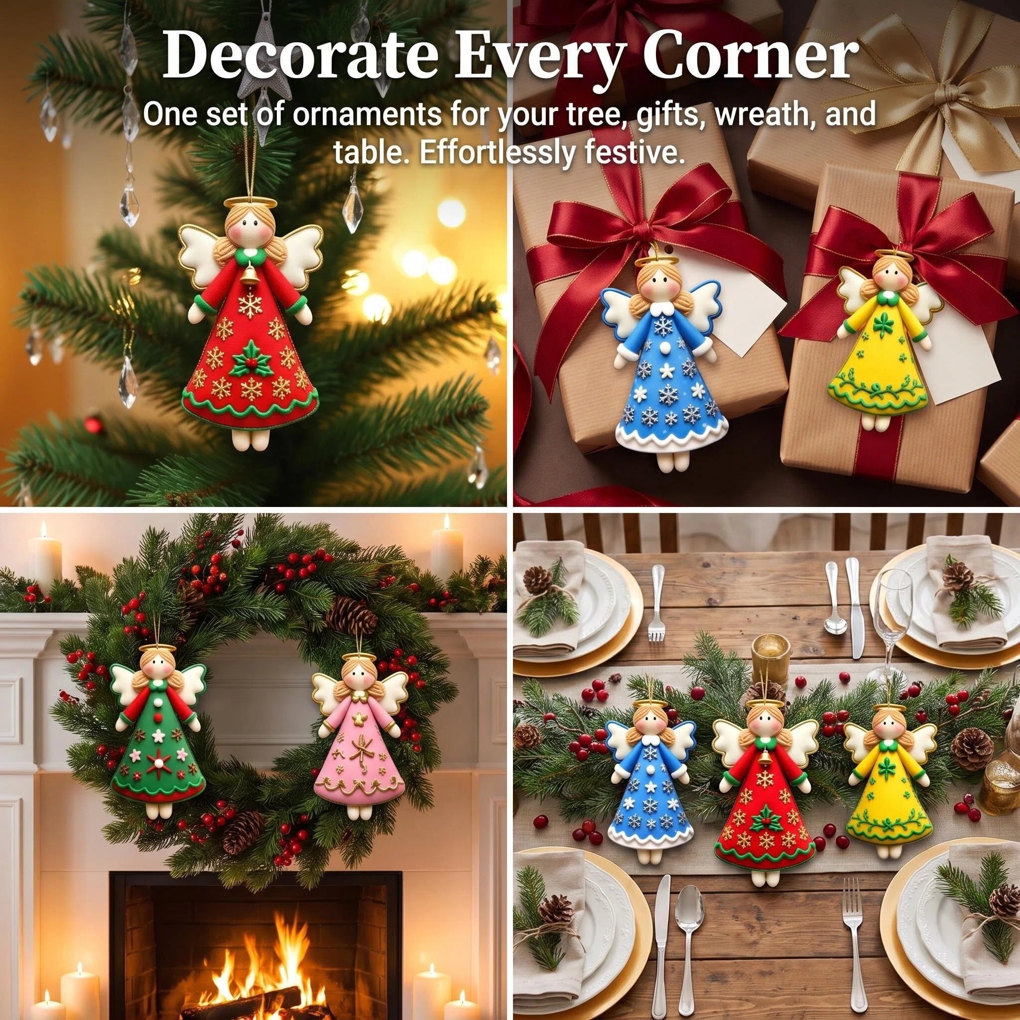 AdornJoy - Elegant Angel – Colorful 3mm Wooden Christmas Ornament, 2D Flat Angel Tree Decoration, 16 Piece Sets