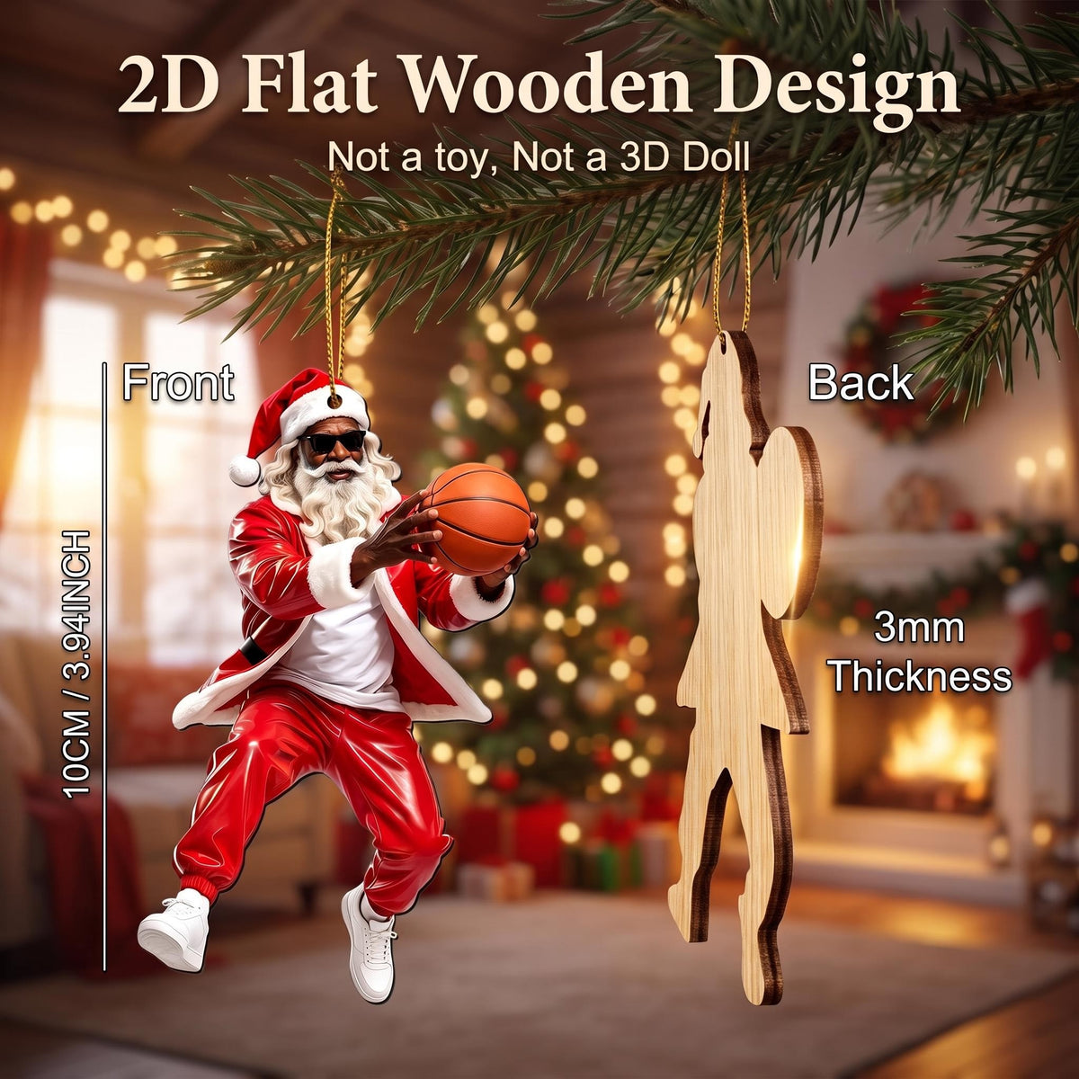 AdornJoy - Basketball Santa – African American 3mm Wooden Christmas Ornament, 2D Flat Basketball-Themed Tree Decoration for Basketball Fans, 16 Piece Sets