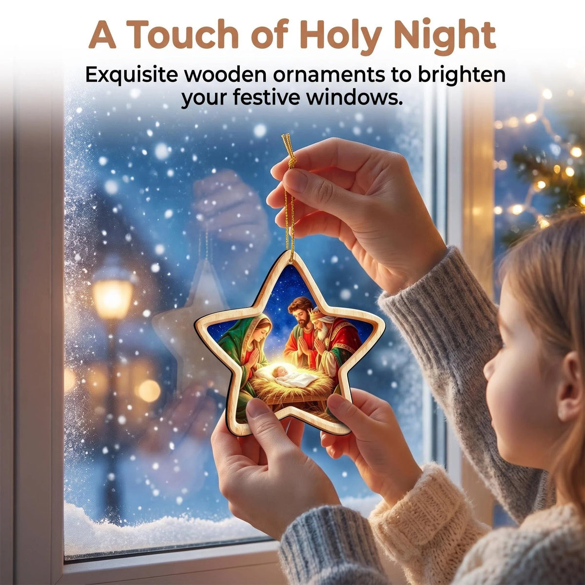 AdornJoy - Nativity Star – 3mm Wooden Christmas Ornament, 2D Flat Holy Family Nativity Tree Decoration, 15 Piece Sets