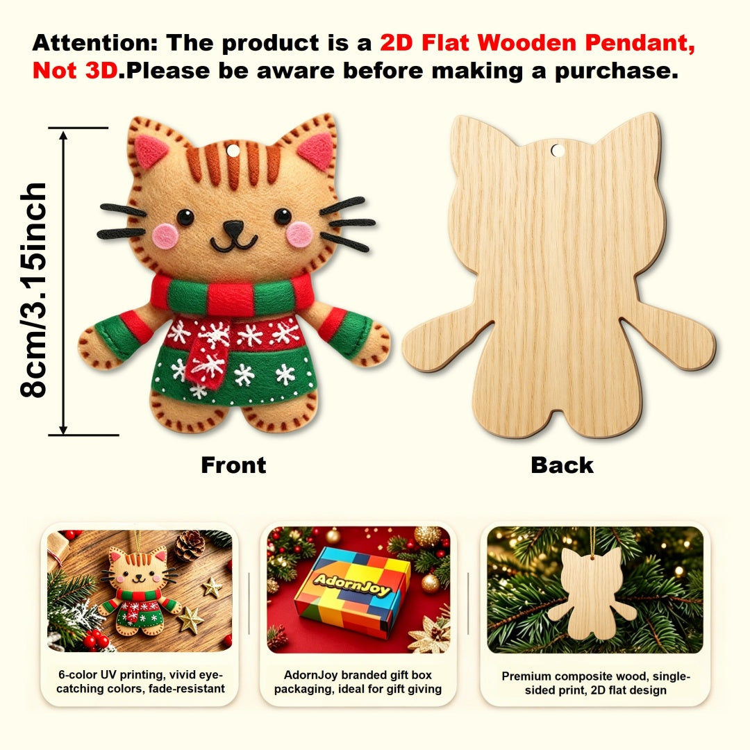 AdornJoy Gingerbread Cat – Cartoon 3mm Wooden Christmas Ornament, 2D Flat Cat Tree Decoration, 16 Piece Sets