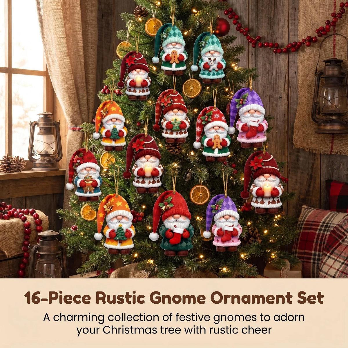 AdornJoy - Rustic Santa Gnome – Colorful 3mm Wooden Christmas Ornament, 2D Flat Santa Gnome Tree Decoration, 16 Piece Sets