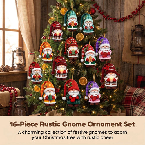 AdornJoy - Rustic Santa Gnome – Colorful 3mm Wooden Christmas Ornament, 2D Flat Santa Gnome Tree Decoration, 16 Piece Sets