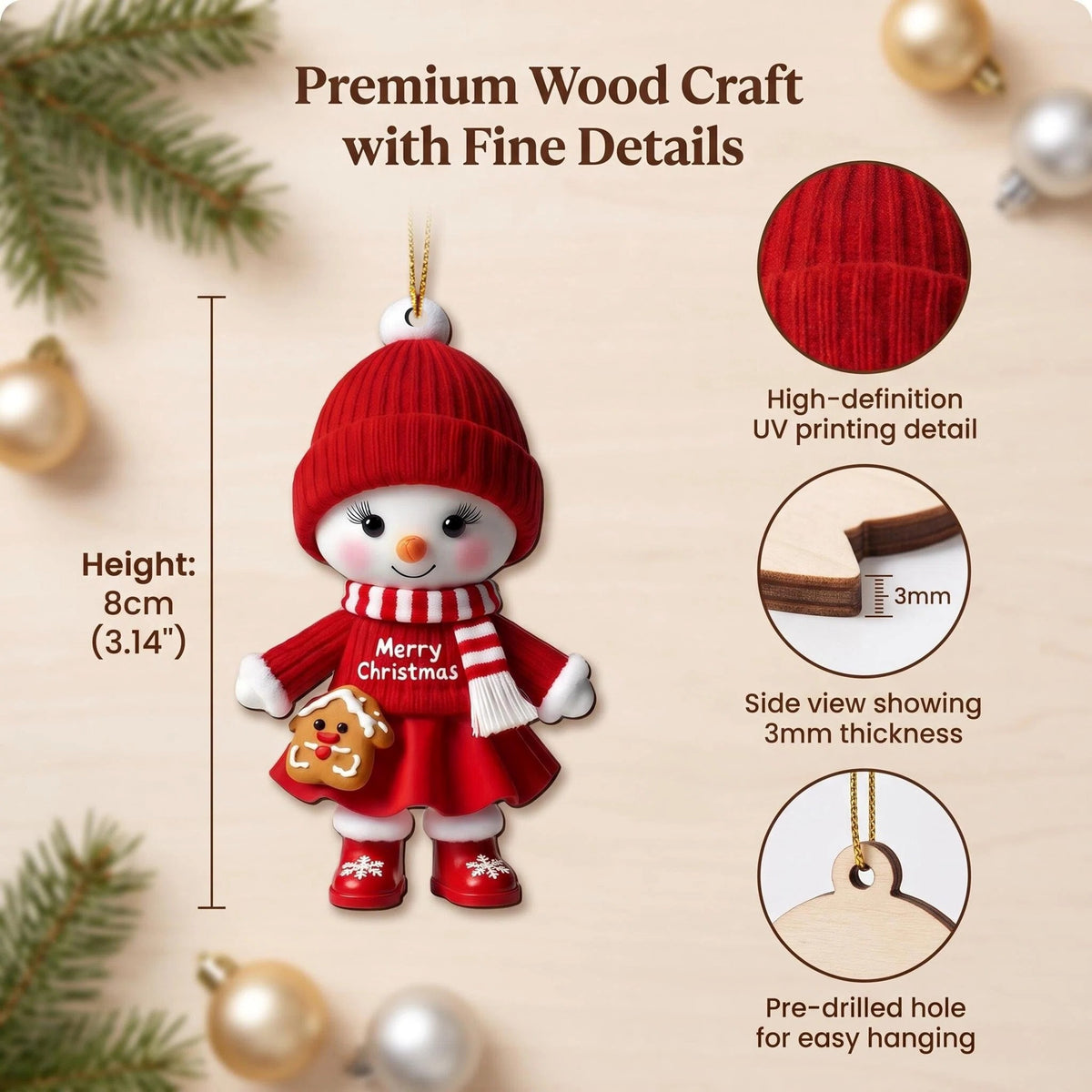 AdornJoy - Vibrant Snowman – Colorful 3mm Wooden Christmas Ornament, 2D Flat Snowman Tree Decoration, 18 Piece Sets