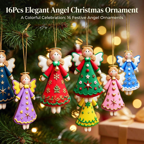 AdornJoy - Elegant Angel – Colorful 3mm Wooden Christmas Ornament, 2D Flat Angel Tree Decoration, 16 Piece Sets