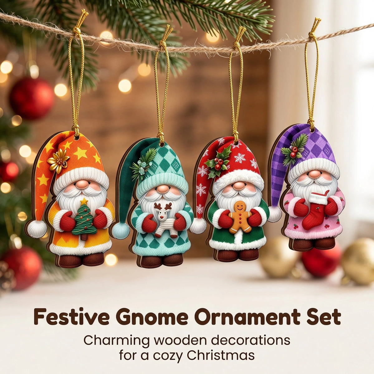 AdornJoy - Rustic Santa Gnome – Colorful 3mm Wooden Christmas Ornament, 2D Flat Santa Gnome Tree Decoration, 16 Piece Sets