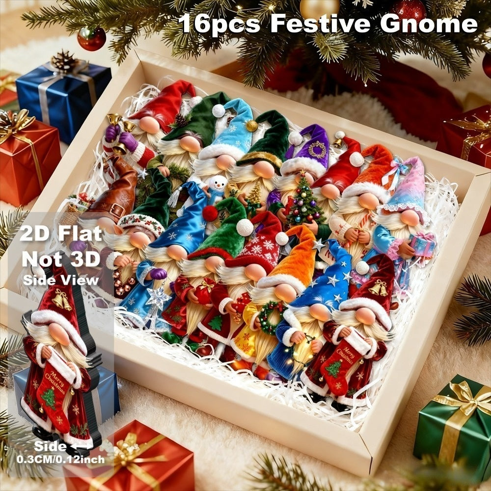 AdornJoy Vintage Santa Gnome – Retro 3mm Wooden Christmas Ornament, 2D Flat Santa Gnome Tree Decoration, 16 Piece Sets