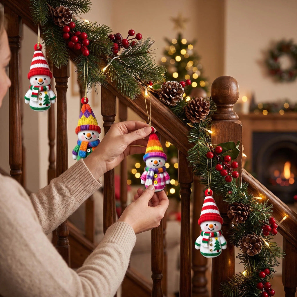 AdornJoy 18 Pcs Festive Snowman Christmas Ornament Sets - 3mm Vibrant Wooden 2D Flat Snowman Tree Ornaments