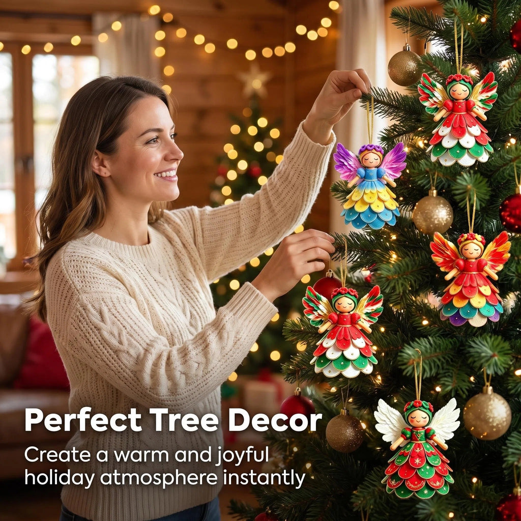 AdornJoy 18 Pcs Festive Angel Christmas Ornament Sets - 3mm Unique Wooden 2D Flat Angel Tree Ornaments