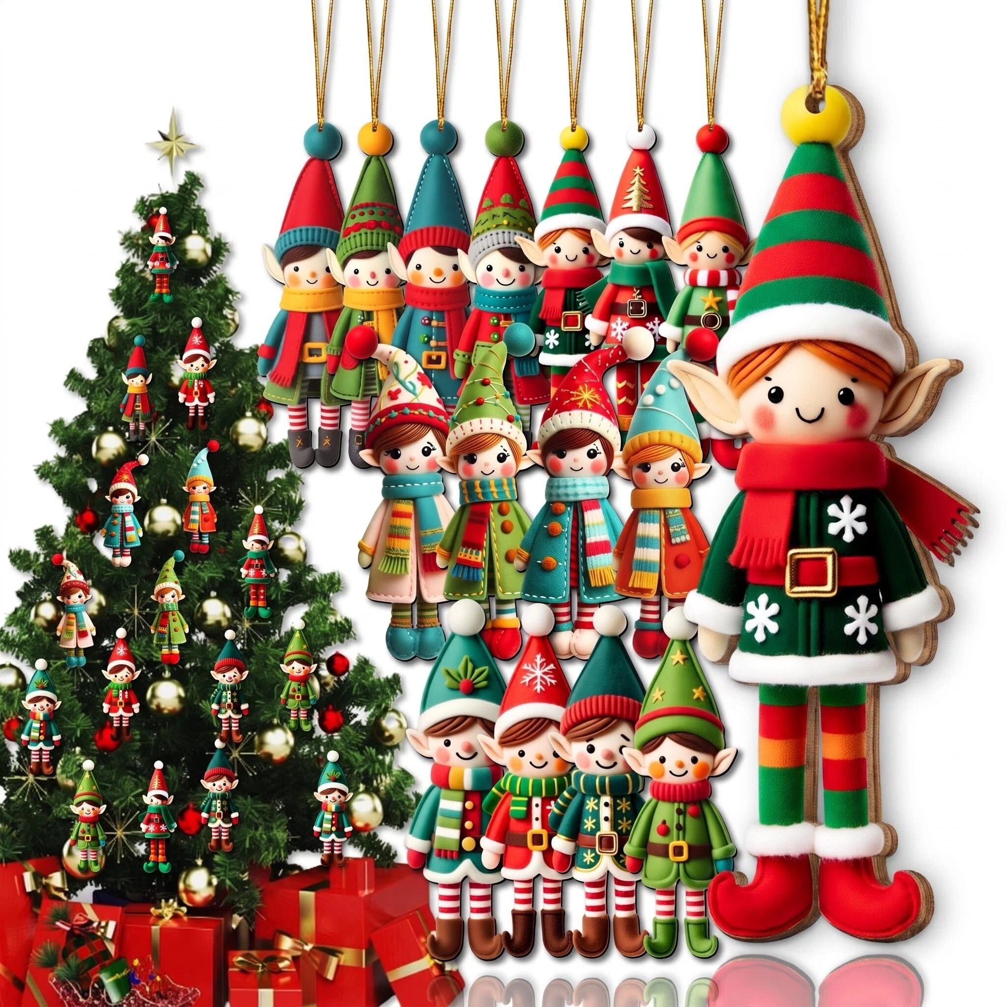 AdornJoy Vibrant Elf – Colorful 3mm Wooden Christmas Ornament, 2D Flat Elf Tree Decoration, 16 Piece Sets