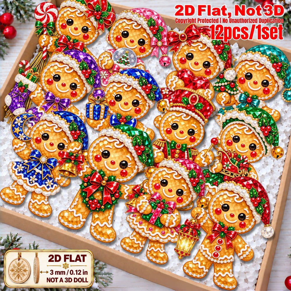 2D Flat 12Pcs Colorful Ornate Christmas Gingerbread Man Wooden Ornaments, Gorgeous Gingerbread Hanging Tree Toppers, Xmas Tree, Wall, Window, Door, Mantel, Porch Decor & Holiday Gift