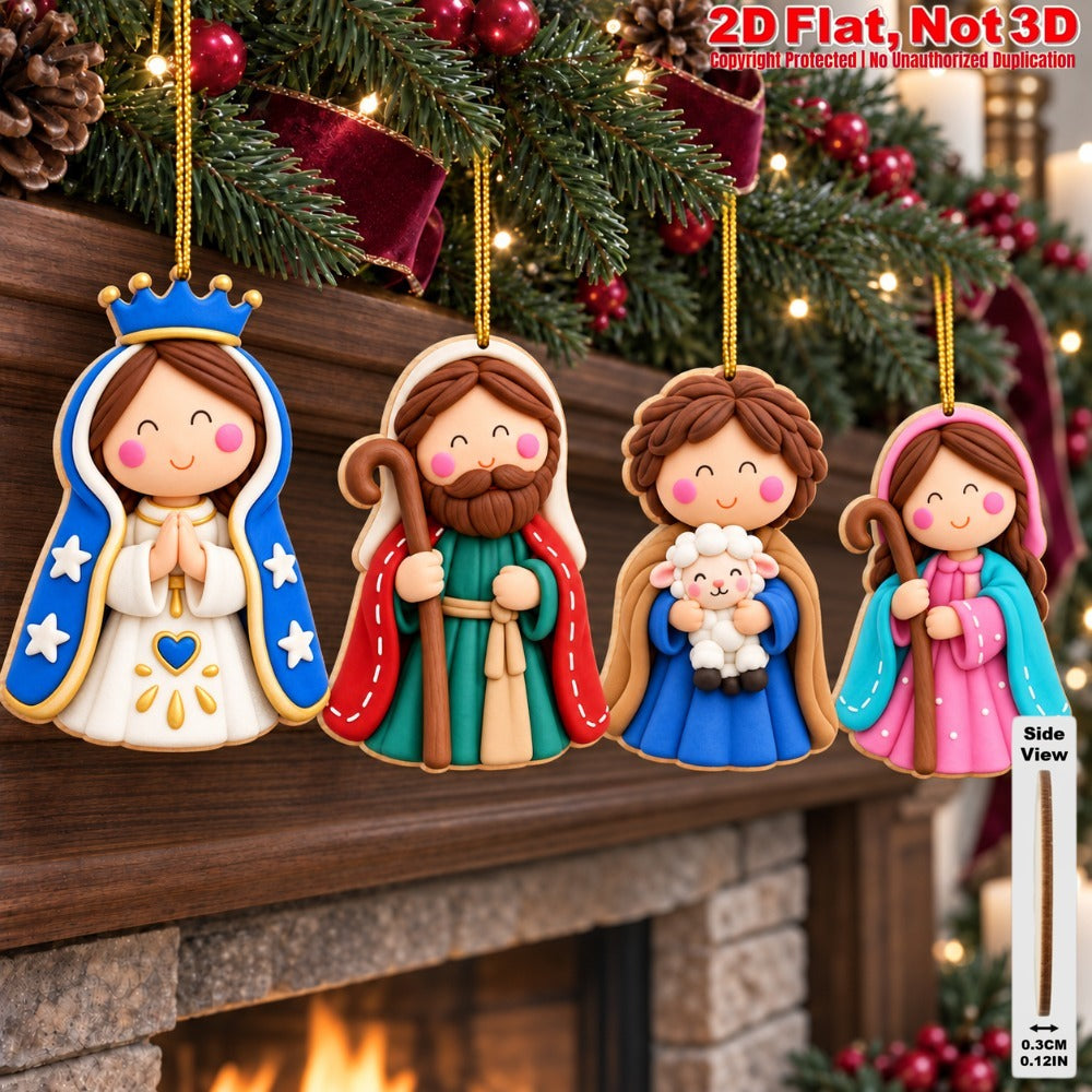 2D Flat 18Pcs Ornate Clay-Style Nativity Scene Wooden Ornaments, Gorgeous Holy Birth Character Hanging Tree Toppers, Xmas Tree, Wall, Window, Door, Mantel, Porch Decor & Holiday Gift