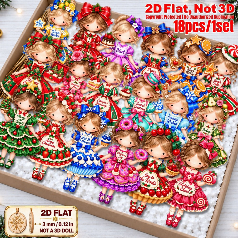 2D Flat 18Pcs Christmas Sweet Holiday Girl Wooden Ornaments, Girl with Festive Christmas Greetings Quotes, Vibrant Xmas Hanging Tree Toppers, Xmas Tree, Wall, Window, Door, Mantel, Porch Decor & Holiday Gift