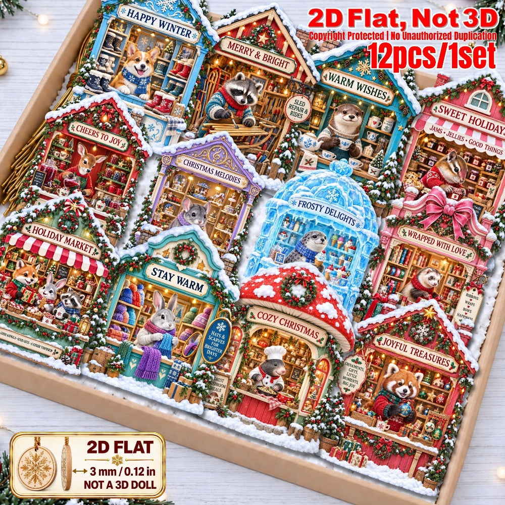 2D Flat 12Pcs Christmas Animal Winter Market Cottage Wooden Ornaments, Snowy Animal Village Shop Hanging Tree Toppers, Xmas Tree, Wall, Window, Door, Mantel, Porch Decor & Holiday Gift