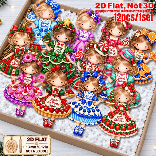 2D Flat 12Pcs Christmas Sweet Holiday Girl Wooden Ornaments, Girl with Festive Christmas Greetings Quotes, Vibrant Xmas Hanging Tree Toppers, Xmas Tree, Wall, Window, Door, Mantel, Porch Decor & Holiday Gift