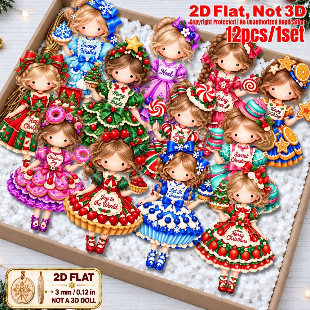 2D Flat 12Pcs Christmas Sweet Holiday Girl Wooden Ornaments, Girl with Festive Christmas Greetings Quotes, Vibrant Xmas Hanging Tree Toppers, Xmas Tree, Wall, Window, Door, Mantel, Porch Decor & Holiday Gift
