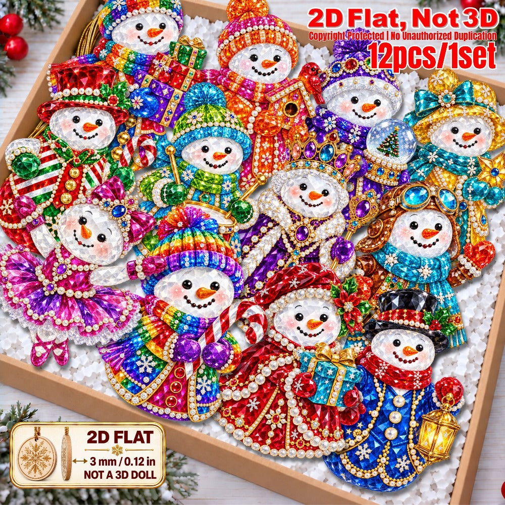 2D Flat 12Pcs Colorful Gem Snowman Christmas Wooden Ornaments, Vibrant Rhinestone Style Snowman Hanging Tree Toppers, Xmas Tree, Wall, Window, Door, Mantel, Porch Decor & Holiday Gift