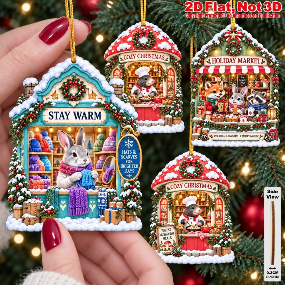 2D Flat 18Pcs Christmas Animal Winter Market Cottage Wooden Ornaments, Snowy Animal Village Shop Hanging Tree Toppers, Xmas Tree, Wall, Window, Door, Mantel, Porch Decor & Holiday Gift
