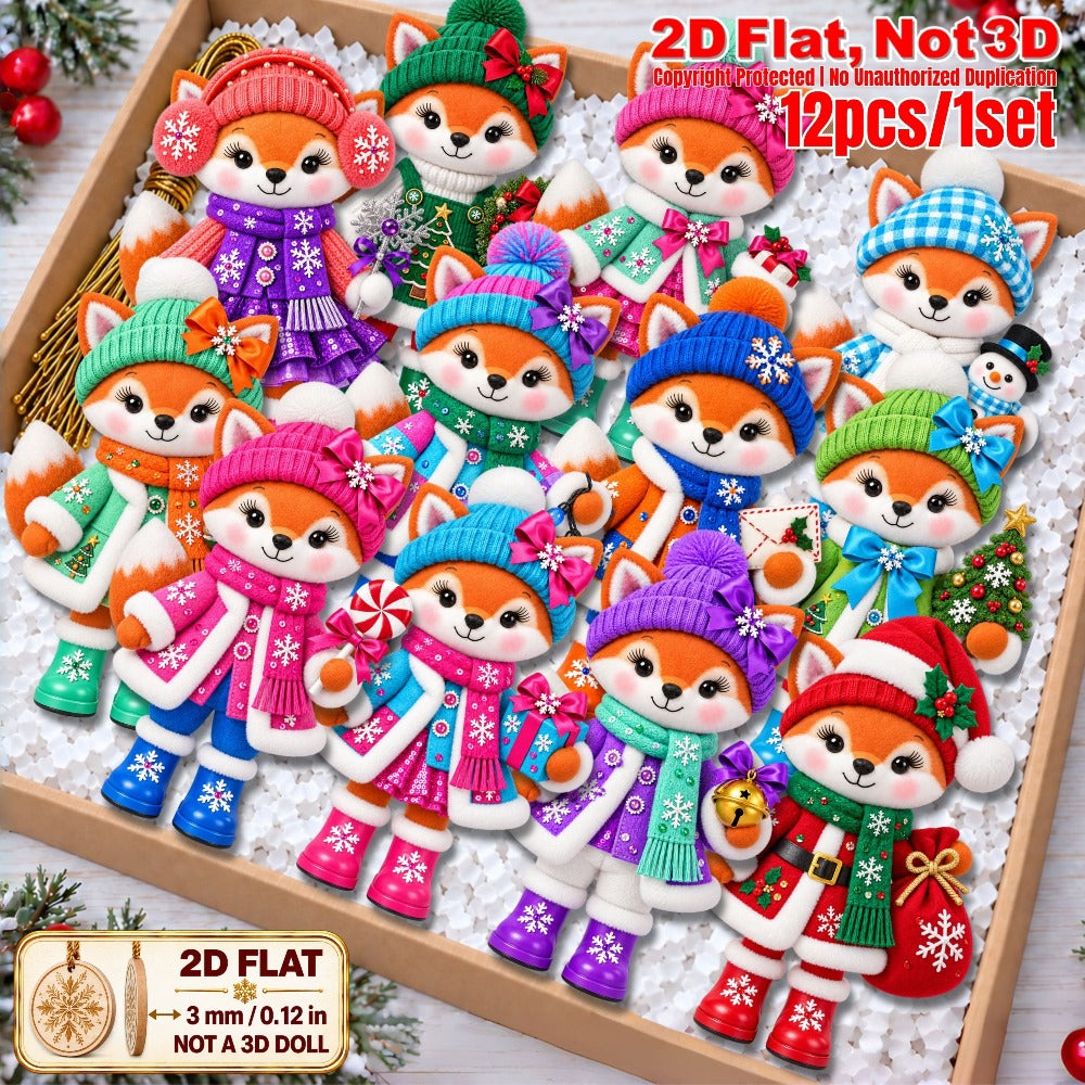 2D Flat 12Pcs Colorful Ornate Christmas Fox Wooden Ornaments, Gorgeous Fox Hanging Tree Toppers, Xmas Tree, Wall, Window, Door, Mantel, Porch Decor & Holiday Gift