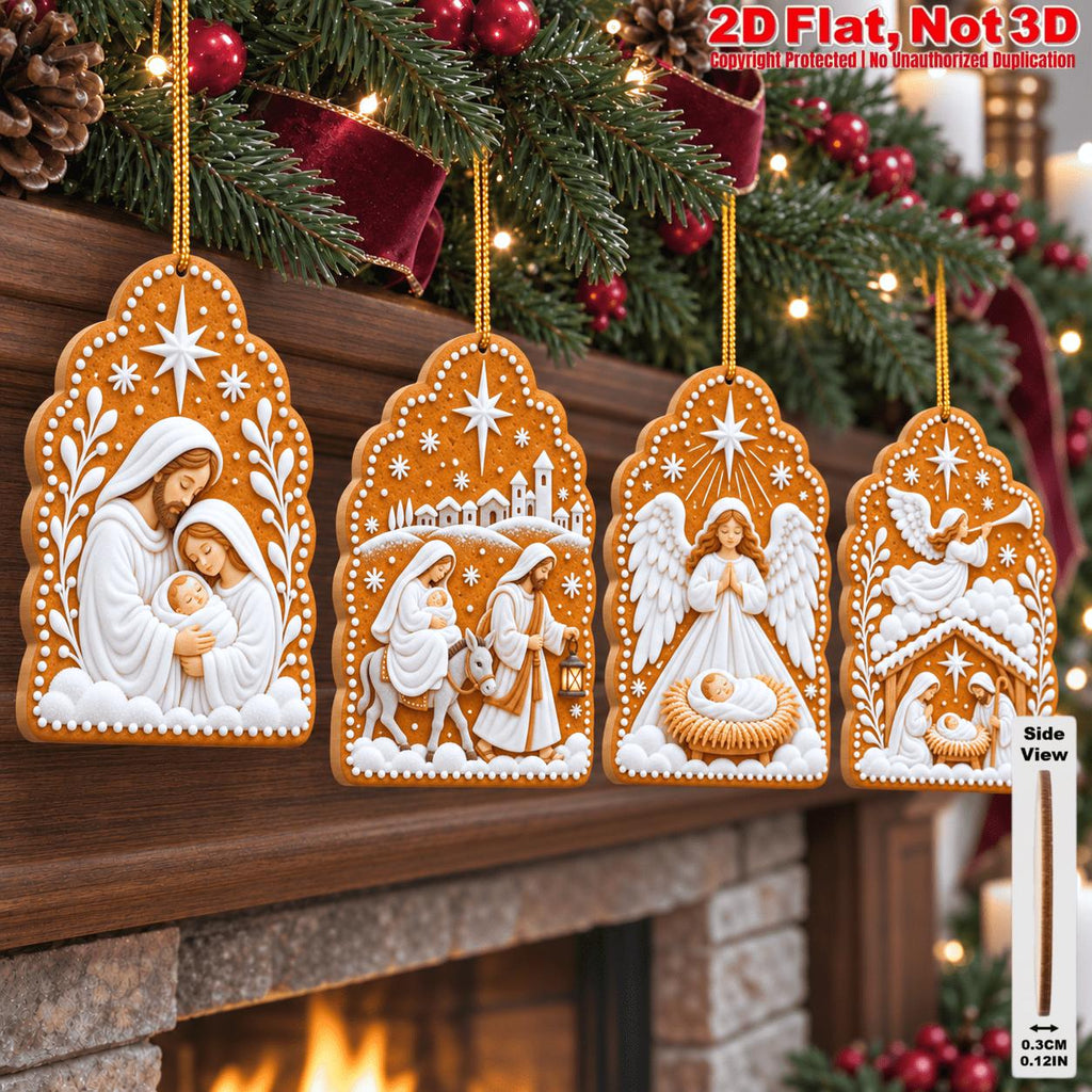 2D Flat 12Pcs Christmas Nativity Gingerbread Style Wooden Ornaments, Holy Birth Scene Hanging Tree Toppers, Xmas Tree, Wall, Window, Door, Mantel, Porch Decor & Holiday Gift