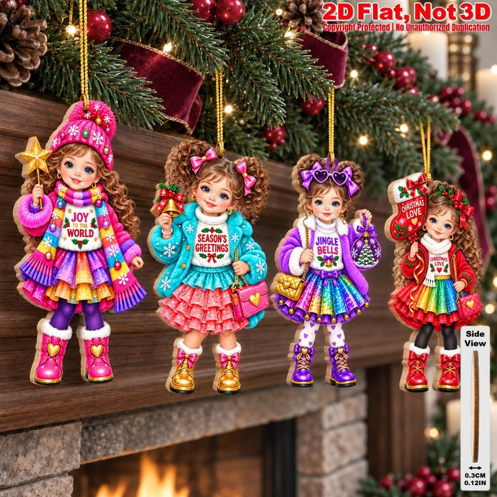 2D Flat 12Pcs Colorful Winter Christmas Girl Wooden Ornaments, Girl with Festive Christmas Greetings Quotes, Vibrant Xmas Hanging Tree Toppers, Xmas Tree, Wall, Window, Door, Mantel, Porch Decor & Holiday Gift