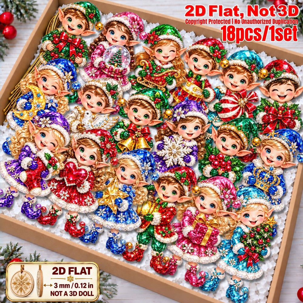 2D Flat 18Pcs Colorful Gem Style Christmas Elf Wooden Ornaments, Vibrant Elf Hanging Tree Toppers, Xmas Tree, Wall, Window, Door, Mantel, Porch Decor & Holiday Gift