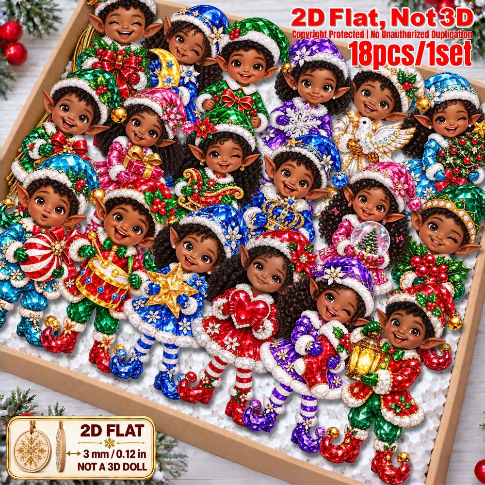 2D Flat 18Pcs Colorful Ornate Ethnic Christmas Elf Wooden Ornaments, Gorgeous Black Elf Hanging Tree Toppers, Xmas Tree, Wall, Window, Door, Mantel, Porch Decor & Holiday Gift