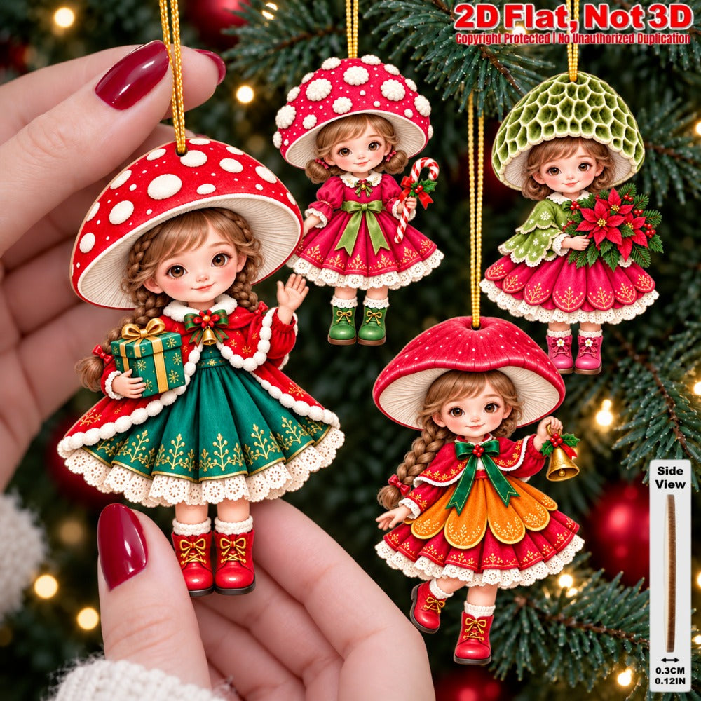 2D Flat 12Pcs Christmas Mushroom Hat Girl Wooden Ornaments, Vibrant Xmas Hanging Tree Toppers, Xmas Tree, Wall, Window, Door, Mantel, Porch Decor & Holiday Gift