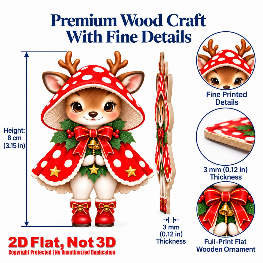 2D Flat 18Pcs Christmas Mushroom Hat Deer Wooden Ornaments, Vibrant Xmas Hanging Tree Toppers, Xmas Tree, Wall, Window, Door, Mantel, Porch Decor & Holiday Gift
