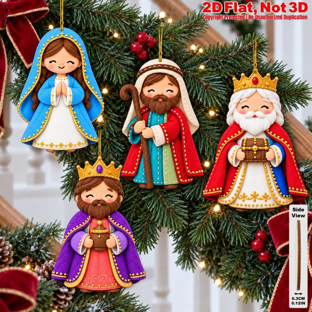 2D Flat 18Pcs Ornate Felt-Style Nativity Character Wooden Ornaments, Gorgeous Holy Birth Figures Hanging Tree Toppers, Xmas Tree, Wall, Window, Door, Mantel, Porch Decor & Holiday Gift