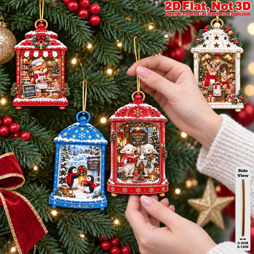 2D Flat 18Pcs Christmas Animal Lantern Scene Wooden Ornaments, Winter Wildlife Lantern Hanging Tree Toppers, Xmas Tree, Wall, Window, Door, Mantel, Porch Decor & Holiday Gift