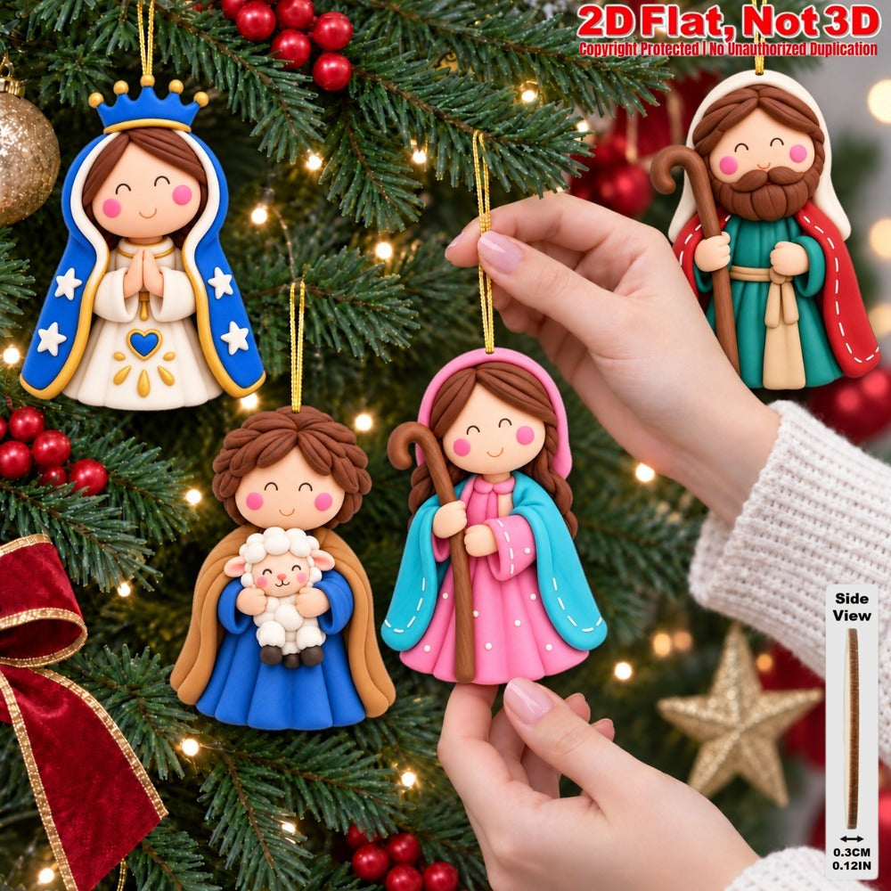 2D Flat 12Pcs Ornate Clay-Style Nativity Scene Wooden Ornaments, Gorgeous Holy Birth Character Hanging Tree Toppers, Xmas Tree, Wall, Window, Door, Mantel, Porch Decor & Holiday Gift