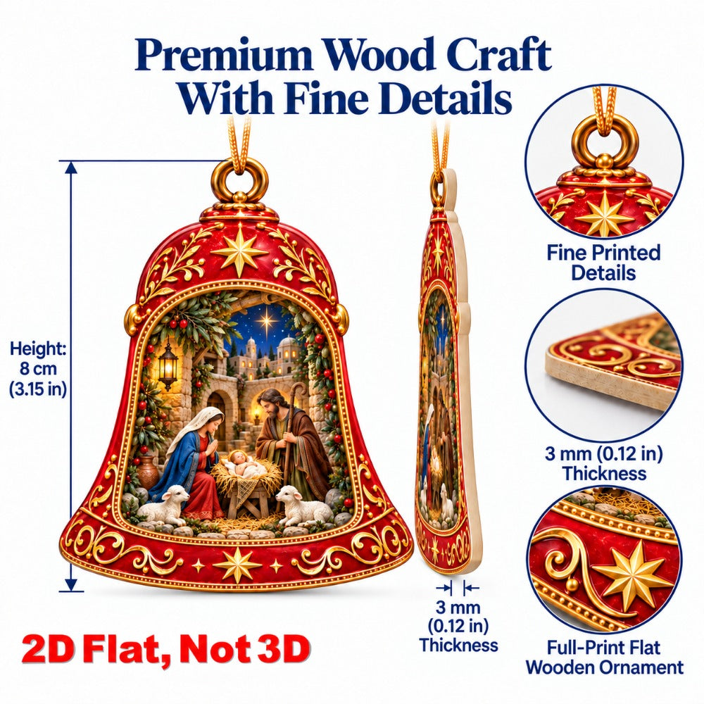 2D Flat 18Pcs Ornate Bell Shaped Nativity Scene Wooden Ornaments, Gorgeous Vintage Holy Birth Bell Hanging Tree Toppers, Xmas Tree, Wall, Window, Door, Mantel, Porch Decor & Holiday Gift