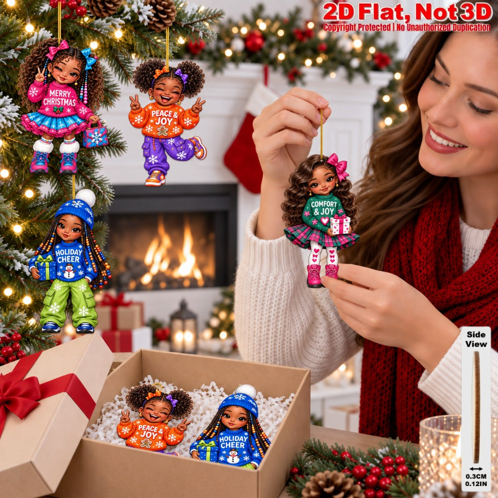 2D Flat 18Pcs Black Girl Comfort and Joy Quote Wooden Ornaments, Eye-Catching Wooden Hanging Ornaments for Christmas Trees