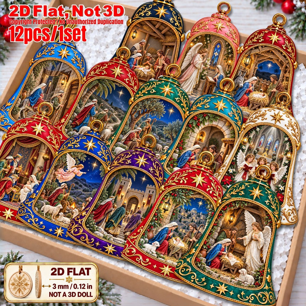 2D Flat 12Pcs Ornate Bell Shaped Nativity Scene Wooden Ornaments, Gorgeous Vintage Holy Birth Bell Hanging Tree Toppers, Xmas Tree, Wall, Window, Door, Mantel, Porch Decor & Holiday Gift