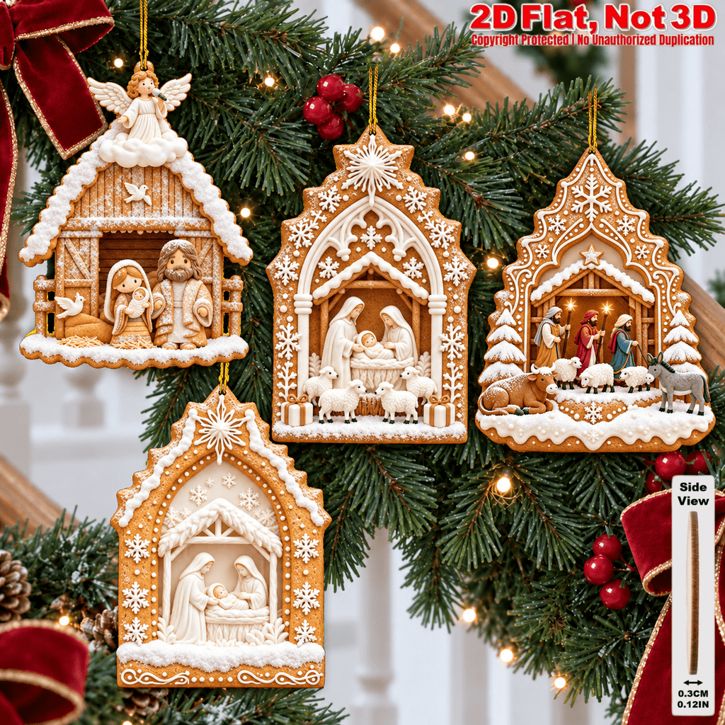 2D Flat 18Pcs Ornate Gingerbread Shaped Nativity Scene Wooden Ornaments, Snowy Holy Birth Hanging Tree Toppers, Xmas Tree, Wall, Window, Door, Mantel, Porch Decor & Holiday Gift