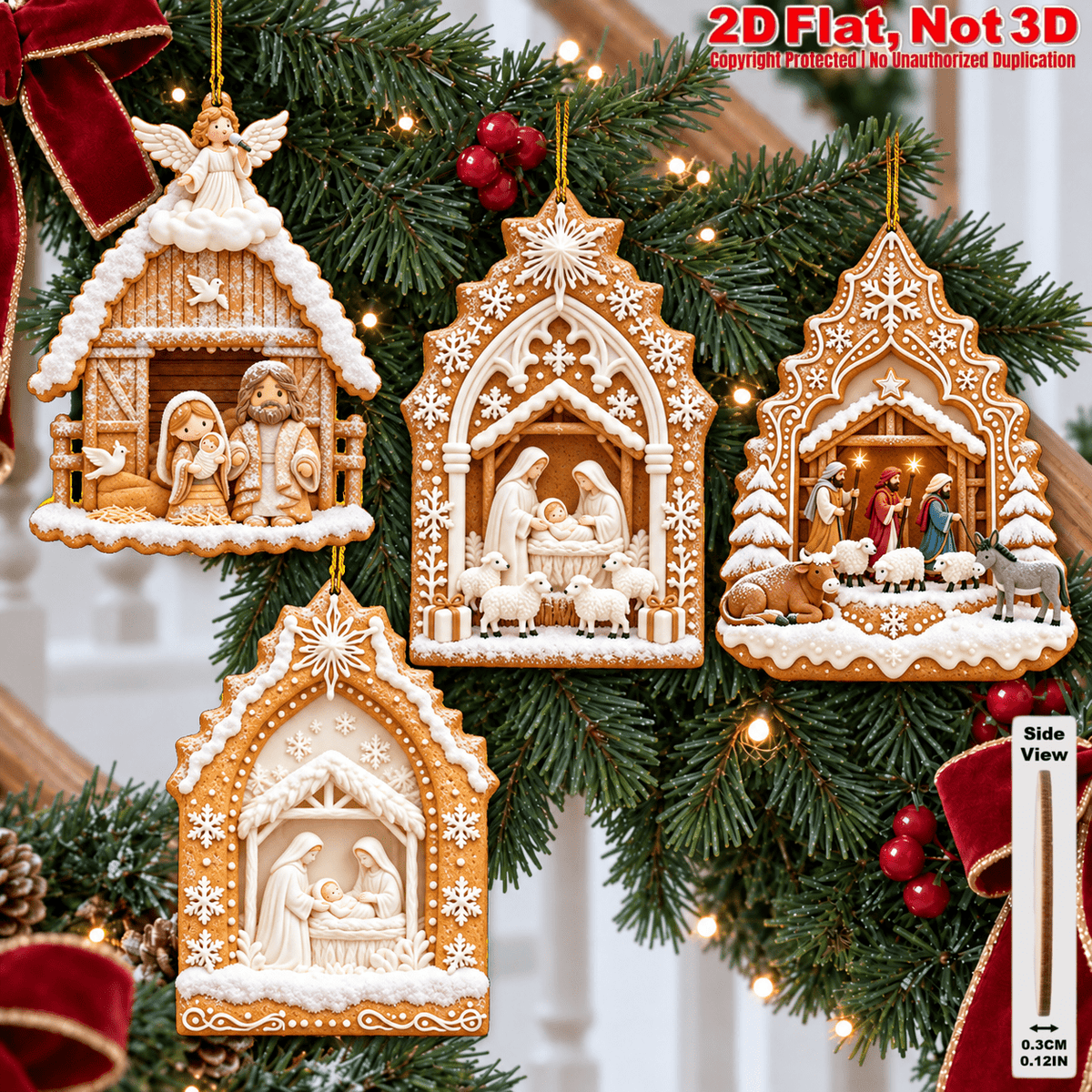 2D Flat 18Pcs Ornate Gingerbread Shaped Nativity Scene Wooden Ornaments, Snowy Holy Birth Hanging Tree Toppers, Xmas Tree, Wall, Window, Door, Mantel, Porch Decor & Holiday Gift