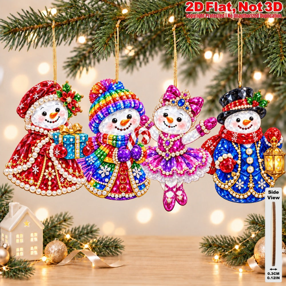 2D Flat 12Pcs Colorful Gem Snowman Christmas Wooden Ornaments, Vibrant Rhinestone Style Snowman Hanging Tree Toppers, Xmas Tree, Wall, Window, Door, Mantel, Porch Decor & Holiday Gift