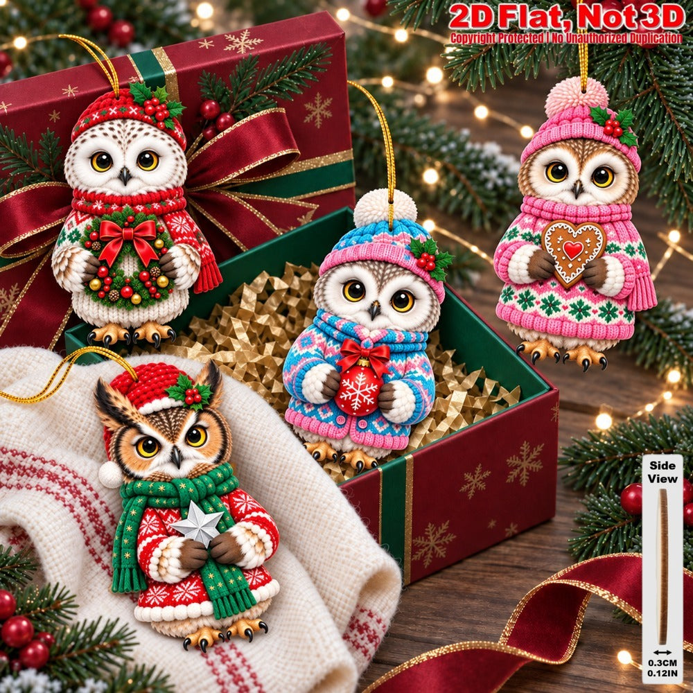 2D Flat 12Pcs Christmas Winter Owl Wooden Ornaments, Festive Cozy Outfit Owl Hanging Tree Toppers, Xmas Tree, Wall, Window, Door, Mantel, Porch Decor & Holiday Gift