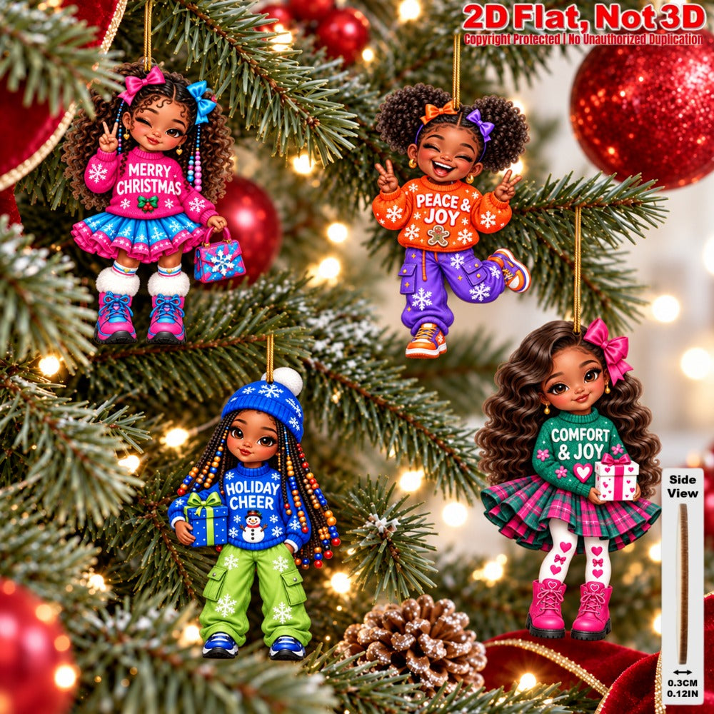 2D Flat 18Pcs Black Girl Comfort and Joy Quote Wooden Ornaments, Eye-Catching Wooden Hanging Ornaments for Christmas Trees