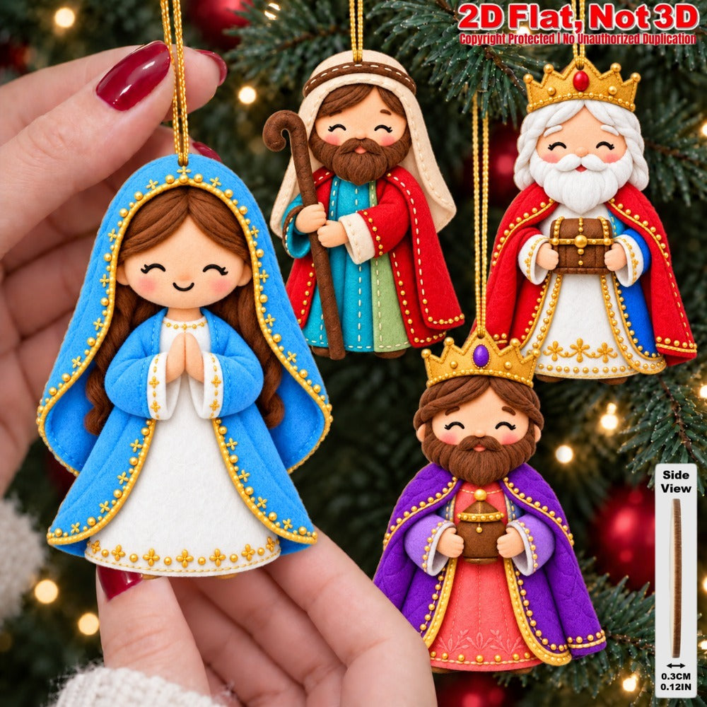 2D Flat 12Pcs Ornate Felt-Style Nativity Character Wooden Ornaments, Gorgeous Holy Birth Figures Hanging Tree Toppers, Xmas Tree, Wall, Window, Door, Mantel, Porch Decor & Holiday Gift